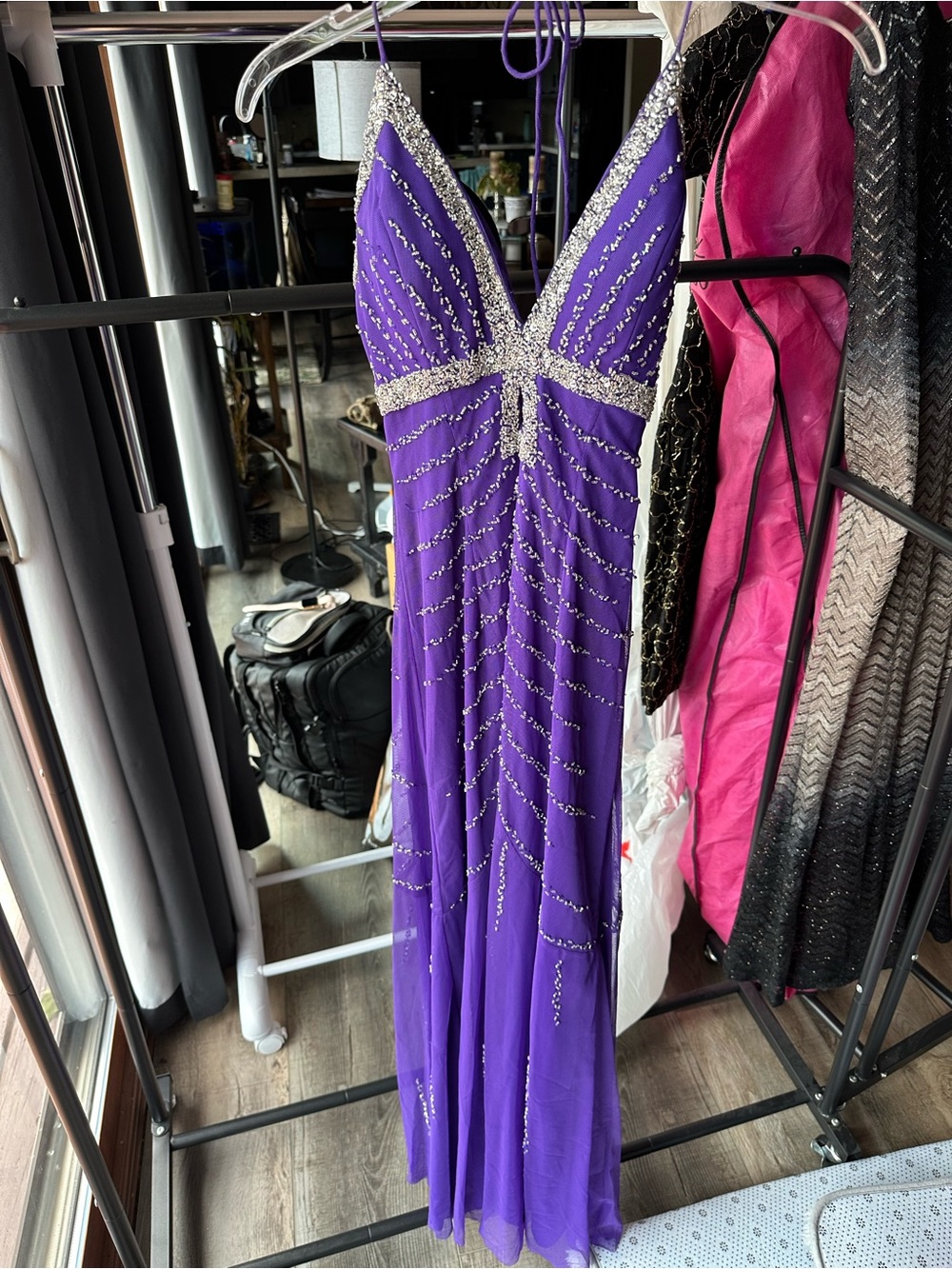 Sean Collection Purple Evening Prom Gown with Silver Beading